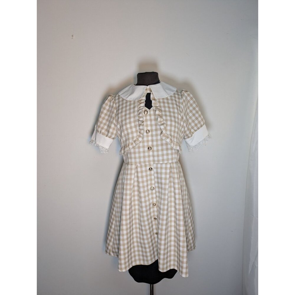 Vintage Beige White Gingham Dress With Ruffle Detail White Collar, Size S